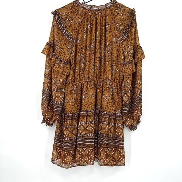 House of Harlow 1960 Boho Rust Gold Brown Ruffle TieredFloral Mini Dress Small - Picture 4 of 13